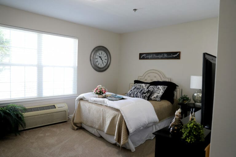 Interior of a bedroom in Meadow Lakes Assisted Living Apartments