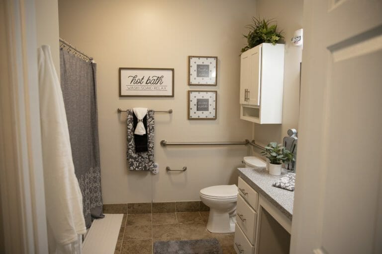 The Commons at Honey Creek assisted living studio bathroom.
