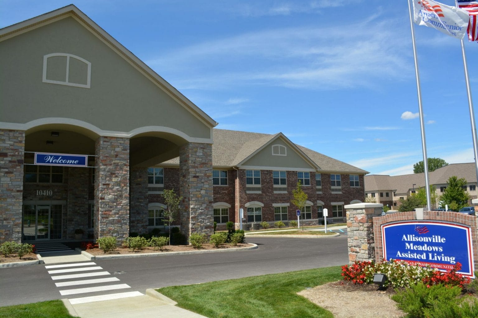 Outside of the main entrance at Allisonville Meadows Assisted Living building.