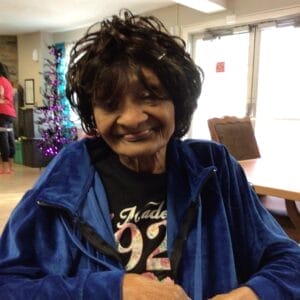 Centenarian Dorothy Johnson in blue jacket